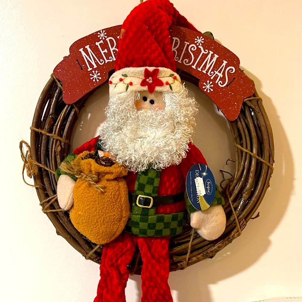 Festive. Merry Christmas. Sitting Santa Claus on the Wooden Bench.